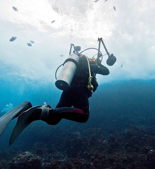 The underwater world of Cocos Island - scuba diver taking underwater pictures