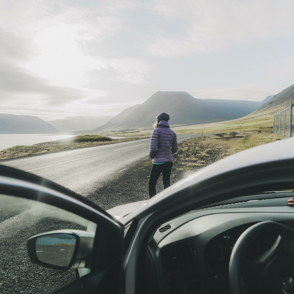 Young Caucasian woman in purple coat  looking at scenic landscape in Iceland near the car
1055479098