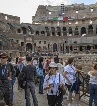 ROME, ITALY - MAY 30: Tourists visit the Colosseum before the Orchestra Italiana del Cinema performs during the new Colosseum route inauguration on May 30, 2023 in Rome, Italy. (Photo by Antonio Masiello/Getty Images)
1258296327
colosseo, italian cinema orchestra