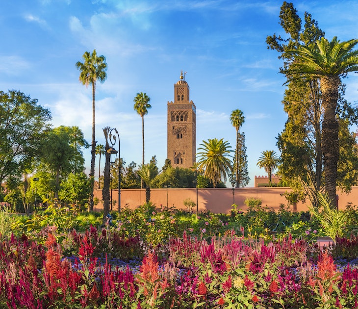 View of Koutoubia Mosque and gardem in Marrakesh, Morocco