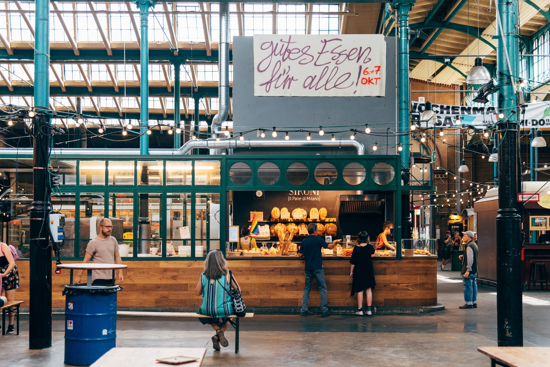 View of Markthalle Neun, a historical market with street food in Kreuzberg borough in Berlin