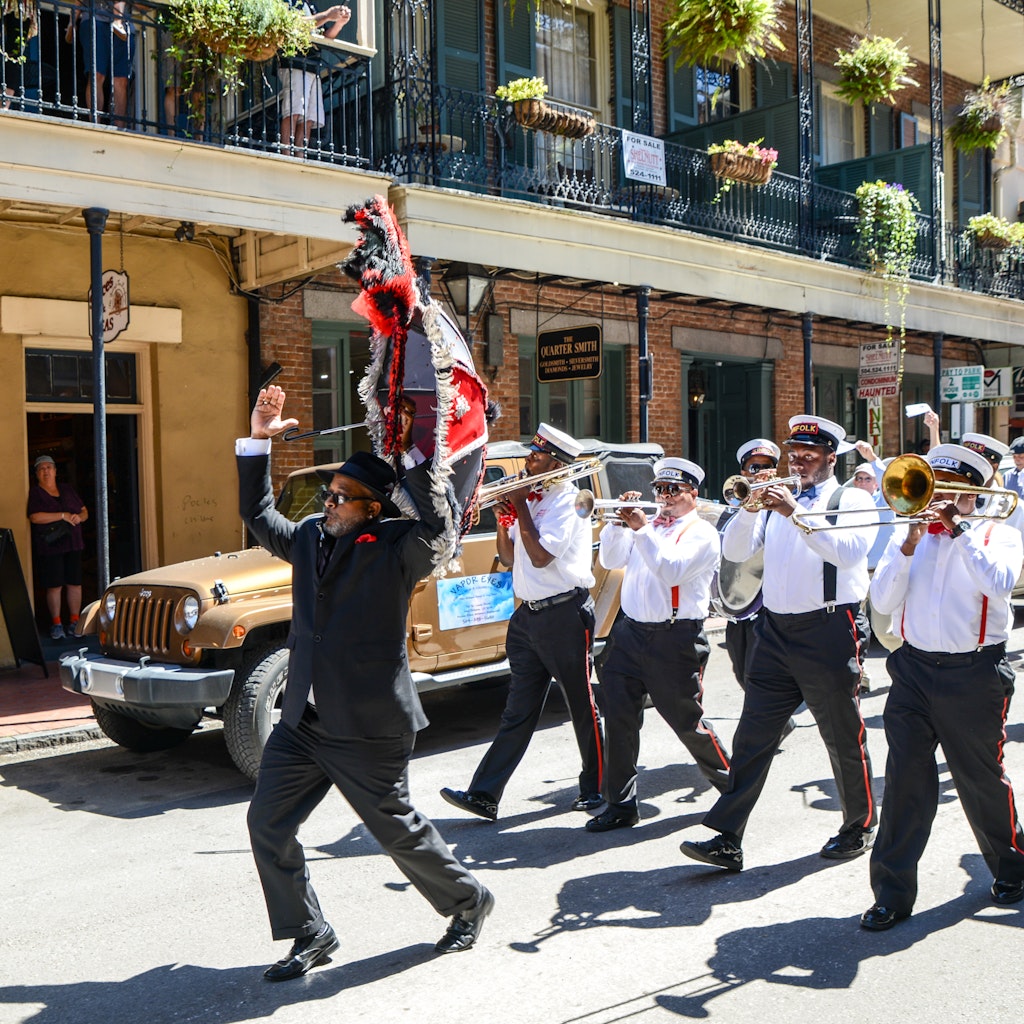 New Orleans, Louisiana / USA - March 31, 2017:  A Second Line band plays as it marches in the French Quarter in New Orleans, Louisiana.
618097991
A Second Line band plays as it marches in the French Quarter in New Orleans, Louisiana.
