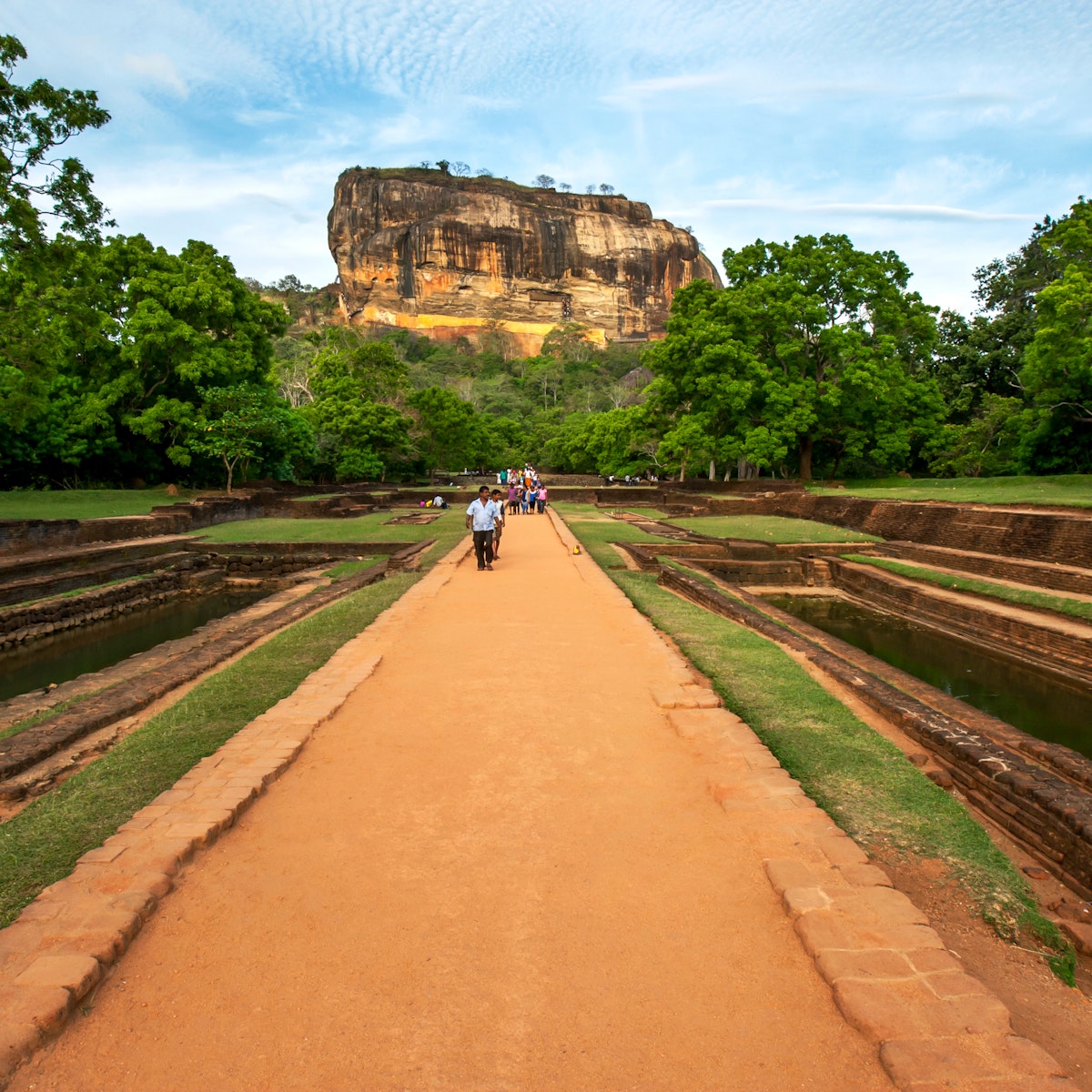 View from the ancient Royal Gardens towards Sigiriya Rock, also known as the Lion Rock Fortress. The gardens date from King Kassapa between AD 477 and 485.