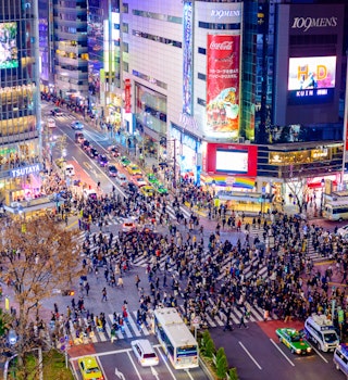 DECEMBER 23, 2012: Aerial of pedestrians at Shibuya Crossing.