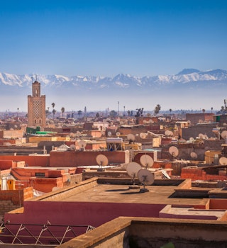 Panoramic view of Marrakesh and the snow capped Atlas mountains, Morocco