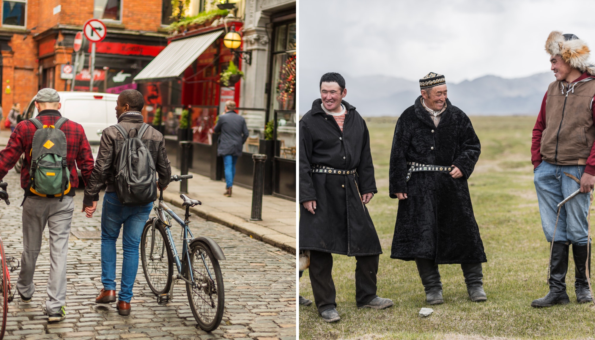 People walk bikes through the streets of Dublin; people stand in the Mongolian desert in traditional dress. 