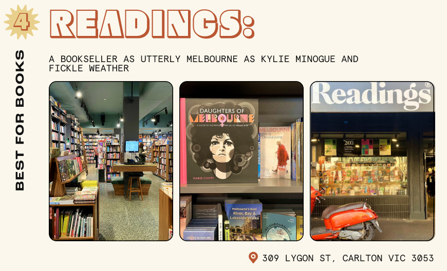 An exterior shot and close-up of books on display at Readings, Melbourne
