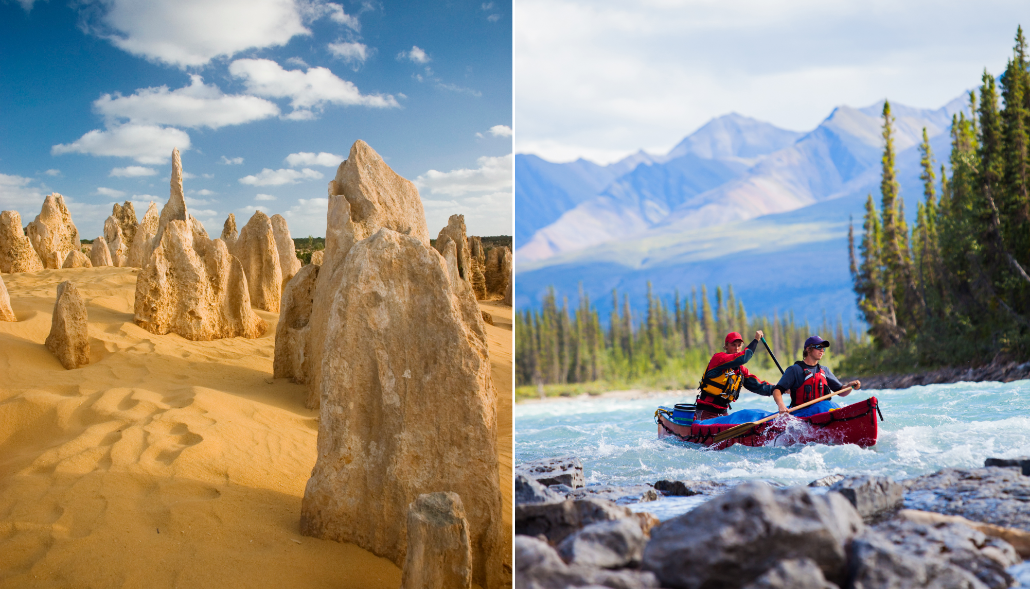 Sand pillars stand in Pinnacles Desert; two people travel  down the Nahanni river in a raft. 